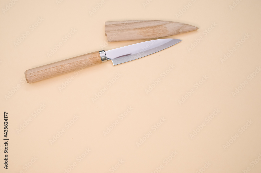 Poster Closeup shot of a classic Japanese knife isolated on a pink background with copyscape