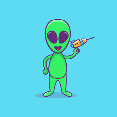 Alien Holding Laser Gun. Cute Alien mascoot Character Cartoon. Alien Illustration. Flat Design Cartoon Style