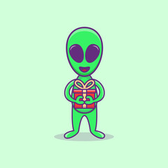Alien Holding gift. Cute Alien mascoot Character Cartoon. Alien Illustration. Flat Design Cartoon Style