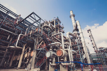 Fototapeta premium Heat exchangers in a refinery. The equipment for pipe line
