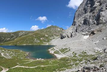 Naklejka na ściany i meble breathtaking panorama with the wonderful alpine lake called LAGO VOLAIA on the border between Italy and Austria and the European Alps