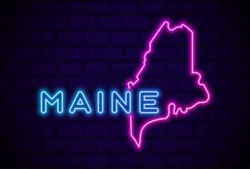 maine US state glowing neon lamp sign Realistic vector illustration Blue brick wall glow