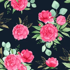 Stof per meter Watercolor seamless pattern with pink peonies, eucalyptus and green and gold leaves on a navy blue background, hand-drawn. © Outlander1746