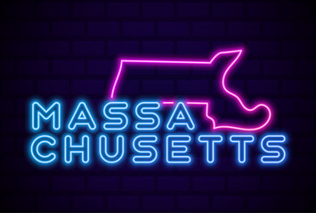 massachusetts US state glowing neon lamp sign Realistic vector illustration Blue brick wall glow
