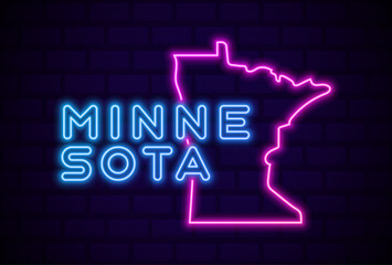 minnesota US state glowing neon lamp sign Realistic vector illustration Blue brick wall glow