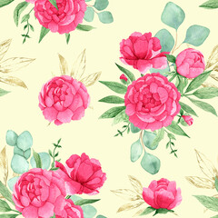 Watercolor seamless pattern with pink peonies, eucalyptus and green and gold leaves on a light background, hand-drawn. 