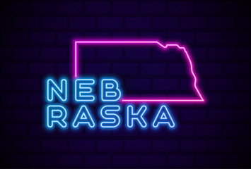nebraska US state glowing neon lamp sign Realistic vector illustration Blue brick wall glow