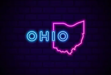 Fotobehang ohio US state glowing neon lamp sign Realistic vector illustration Blue brick wall glow © lunarts_studio
