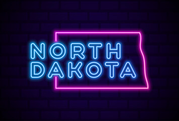 north dakota US state glowing neon lamp sign Realistic vector illustration Blue brick wall glow - obrazy, fototapety, plakaty