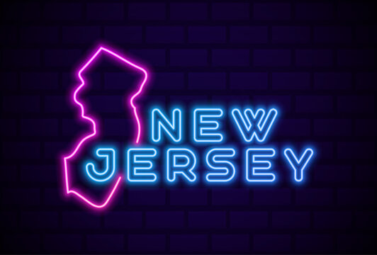 New Jersey US State Glowing Neon Lamp Sign Realistic Vector Illustration Blue Brick Wall Glow