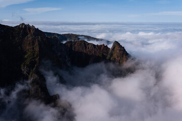 Wonderful mountain in Madeira island Pico do Arieiro foggy day sunset