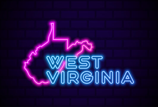 west virginia US state glowing neon lamp sign Realistic vector illustration Blue brick wall glow