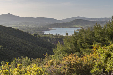 A view of the reservoir lake Marathon (Greece) on a sunny, spring day