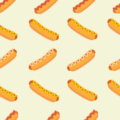 National Hot Dog Day vector seamless pattern with different hotdogs.