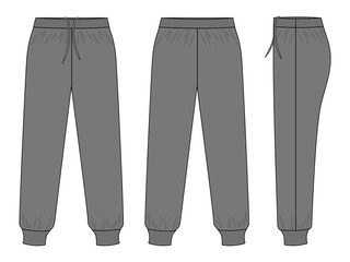 Gray Tracksuit Pants Template Vector On White Background.Front, Back and Side View.
