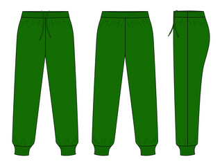 Dark Green Tracksuit Pants Template Vector On White Background.Front, Back and Side View.