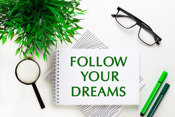 On a white background lies a notebook with words FOLLOW YOUR DREAMS, glasses, a magnifying glass, green markers and a green plant