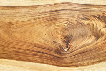 Texture of live edge suar wood slab with knot closeup
