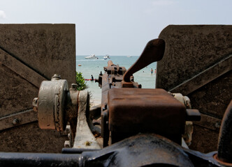 Sai Kaew Beach -Military Beach.People sunbathe.The cannon of World War II on the beach