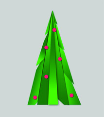 Christmas tree illustration. Fir with bright pink  baubles. Decorative symbol of merry Xmas and New year on light grey background. 
