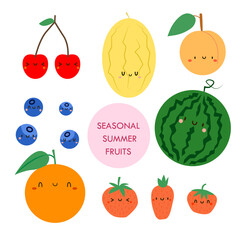 Collection of seasonal summer fruits isolated on white background. Sweet cherry, melon. watermelon, blueberries. orange, strawberry, peach