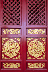 Golden lacquered wood carving double dragon play bead red grid door