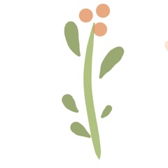 Three simple flowers on single green branch  with leaves