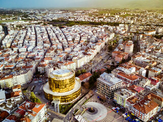 Aerial photograph of the capital of Aydin province - Aydin city from high point of drone fly in sunny day in Turkey. 