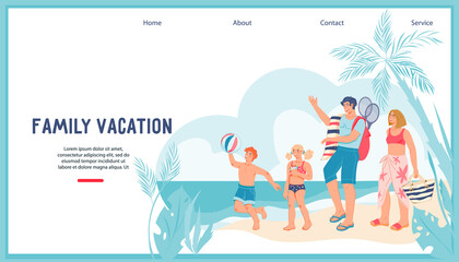 Family vacation website banner template with happy family on the beach, flat vector illustration. Family summer vacation web page or landing page interface for  travel agency or resort.
