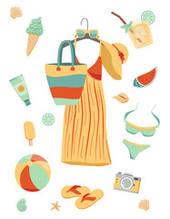 Vector illustration of woman accessories set related to summer beach holidays. Sunglasses, bikini, sundress, hat, camera, ice cream, cocktail, watermelon, isolated on white background.