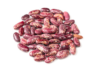 handful of red spotted pinto bean closeup on white