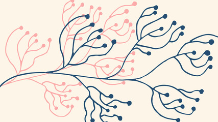 Thumbnail background with hand-drawn leaves in beige, pink and blue colors