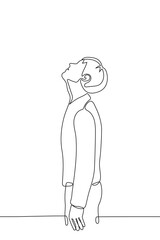 man is standing looking at the sky - one line drawing. the concept of turning to God, looking out for something, watching a bird or an airplane, looking for a solution, waiting for heavenly punishment