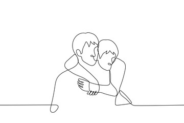 man hugs suck pi brother, friend or lover - one line drawing vector. concept of hug from the back, comfort someone, support, touch