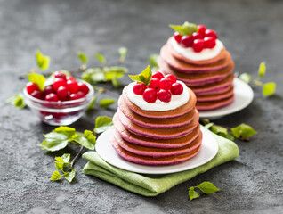 Vegan pink pancakes with fresh cranberries on a plate on a linen napkin on a dark gray background