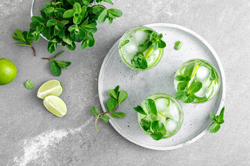Mint, lime and cucumber refreshing infused detox cocktail with ice, light refreshment summer mocktail