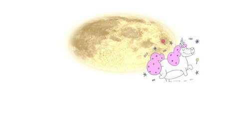 Cartoon unicorn and moon over a white background, creativity and fantasy concepts