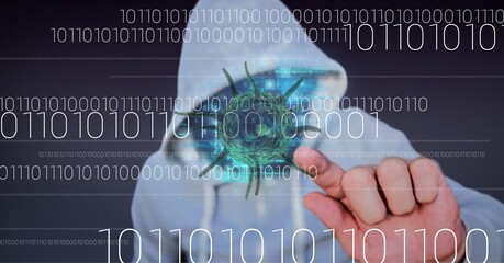 Composition of hacker touching covid 19 virus cell and binary coding data processing