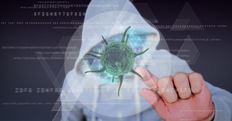Composition of hacker touching covid 19 virus cell and data processing