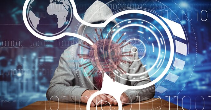 Composition of covid 19 virus cell and binary coding data processing over hacker in hoodie