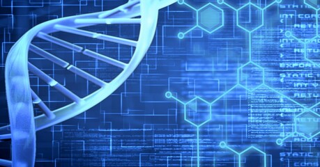 Composition of dna strand and medical data processing over blue background