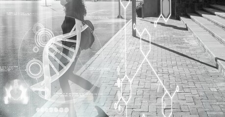 Composition of dna strand and medical data processing over female student in face mask