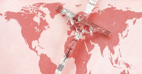 Composition of silver christian cross over world map on pink background