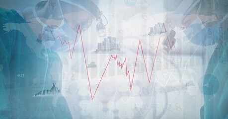 Composition of covid 19 medical statistics over surgeons in face masks in background