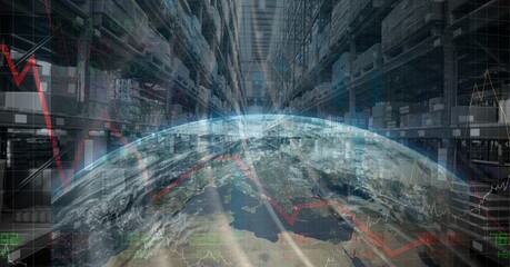 Composition of financial data processing with globe over stacked up shelves in warehouse