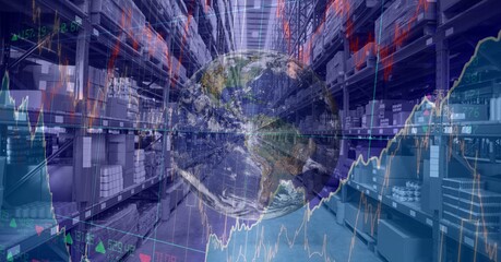 Composition of financial data processing with globe over stacked up shelves in warehouse