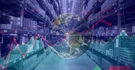 Composition of financial data processing with globe over stacked up shelves in warehouse