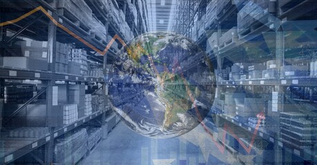 Composition of financial data processing with globe over stacked up shelves in warehouse