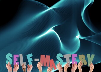 Composition of self mastery text in multi coloured letters held by people with blue light trails