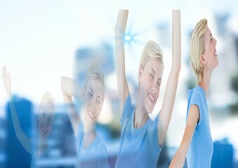 Composition of happy blonde woman in repetition exercising over out of focus background
